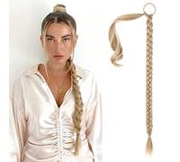 SEIKEA Long DIY Braided Ponytail Extension with Hair Tie Straight Wrap Around Hair Extensions Ponytail Natural Soft Hairpiece Blonde with Pale Gold Highlights 34 Inch (After Braided 30 Inch)