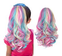 SEIKEA Ponytail Extension 18 Inch Light Weight Wavy Curly Clip in Color Hair Extensions for Kids Crazy Hairpiece Accessories for Girls Synthetic Hairpiece Neon Color
