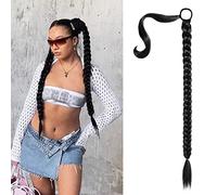 SEIKEA Upgraded Long Braid Ponytail Extension with Elastic Tie Straight Sleek Wrap Around Braid Hair Extensions Ponytail Natural Soft Synthetic Hairpiece Black 30 Inch (After Braided 27 Inch)