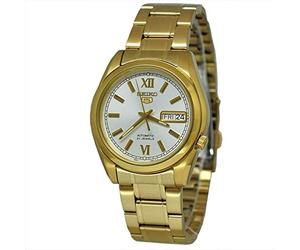 Seiko 5 Automatic Men’s Watch SNKL58K1 - Gold Tone Stainless Steel Case & Bracelet, White Dial, Day-Date Display, Hardlex Crystal, Exhibition Case Back