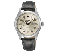 Seiko 5 Champagne Flieger Midfield Men's Automatic Watch with Silver Dial and Green Leather Strap SRPJ87K1