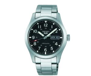 Seiko 5 Gents Automatic Watch Black Dial Silver Strap SRPG27K1