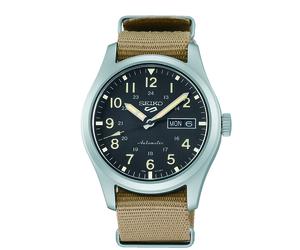 Seiko 5 Sports Gents Watch Black Dial and Khaki Strap SRPG35K1