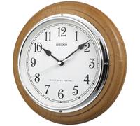 Seiko QXR129S Pine Round Wall Clock - Radio Controlled, White Dial, Black Arabic Numerals, Silver Bezel