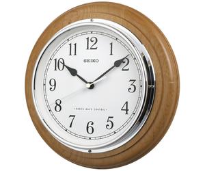 Seiko QXR129S Pine Round Wall Clock - Radio Controlled, White Dial, Black Arabic Numerals, Silver Bezel