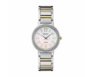 Seiko SUP469P1 Ladies Bi-Colour Solar Crystal Set Bezel MOP Dial 2 Year Warranty