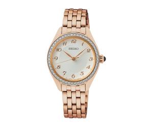 Seiko Women's Quartz Watch with Analogue Display and Rose Gold Metal Strap SU396P1 White Flyaway Orchid Strap