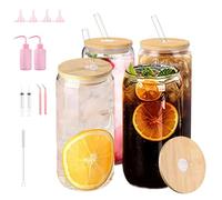 SEILETOO 16OZ Glass Cups with Bamboo Lids and Straws, 4PCS Vintage Glassware for Whiskey Cocktail Beer, Glass Tumbler with Squeeze Bottle Funnel Tweezer Bent Syringe