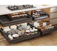Seinloes Pull Out Cabinet Organizer, 4-Side Expandable to Fit Most Cabinets, 3 Rail Slide Out Drawers with Raising Pad for Framed & Frameless Cabinets, 15"-25" W x 17"-24" D, Black, 4 Pack