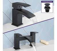 Seirra Waterfall Bath Filler & Basin Mixer Taps & Waste Matte Black