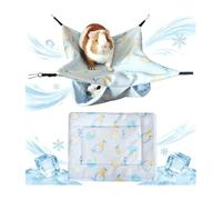 SEIS 2PCS Cooling Small Pet Hammock & Mat Set, Ice Silk Summer Cage Hanging Bed for Guinea Pig Hamster Chinchilla Rabbit, Cute Strawberry Lemon Print Breathable Pet Rest Bed (Blue)