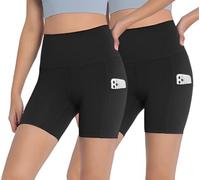 Seitop 2 Pack High Waist Yoga Shorts for Women's Biker Shorts Gym Athletic Workout Running Shorts with Pockets, Black, S