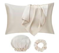 Seiwohl Silk Satin Pillowcase Soft as Silk Pillowcases for Hair and Skin Beige Pillow Cases 2 Pack with Satin Scrunchies and Bonnet for sleeping, Cooling Pillow cases Envelope Closure, 50x75 cm