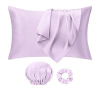 Seiwohl Silk Satin Pillowcase Soft as Silk Pillowcases for Hair and Skin Lavander Pillow Cases 2 Pack with Satin Scrunchies and Bonnet for sleeping, Cooling Pillow cases Envelope Closure, 50x75 cm