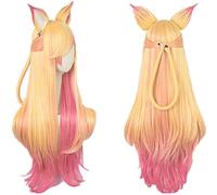 SEIZIS Ahri Gumiho Star Guardian Golden Pink Mixed Color Ombre Wavy Wave Long Heat Resistant Hair Cosplay Costume Wigs + Wig Cap Cosplay Anime Wig Coser