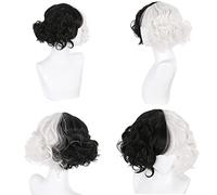 SEIZIS Cosplay Wigs for Cruella de Vil, Short Black and White Hair for Women Costume, Heat Resistant Wavy Wigs for Halloween Christmas Carnival Party Cosplay Anime Wig Coser