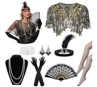 Sekepingo 1920s Accessories for Women Great Gatsby Flapper Shawl with Sequins 8 Pieces Accessories Set Peaky Blinders Costume with Headband Gloves Necklace Earrings Lace Fan for Party, Black+Gold