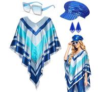 Sekepingo 4Pcs Abba Outfits for Women 1970s Disco Costume Set with Poncho Hat Earrings & Glasses for Mamma Mia Theme Party Retro 70s Fancy Dress Clour Blue