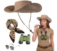 Sekepingo 4Pcs Women Safari Costume, Zoo Keeper Costume | explorer costume wide Vest Explorer Hat Scarf Sunglasses binoculars for Outdoor Adventures Carnivals Theme Parties Cosplay
