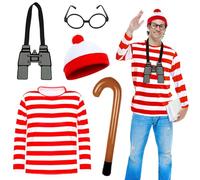Sekepingo 5PCS Wally Costume Set for Adult, Red and White Striped T Shirt, Beanie Hat, Glasses, Wally Fancy Dress for World Book Day, Halloween, School Dress Up Day (XXL)