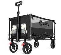 Sekey Folding Festival Trolley with Brake, 330LB Capacity Heavy Duty Beach Cart, Breathable & Quick-Dry, 200L Camping Wagon on All-Terrain Wheels, Adjustable Handle, Drink Holders, Black&Grey