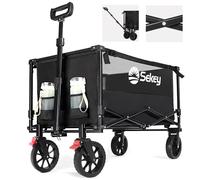 Sekey Folding Festival Trolley with Brake, 330LB Capacity Heavy Duty Beach Cart, Breathable & Quick-Dry, 200L Camping Wagon on All-Terrain Wheels, Adjustable Handle, Drink Holders, Black