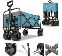 Sekey Folding Festival Trolley with Wide All-Terrain Wheels, 440LB Large Load Capacity, Heavy-Duty Camping Wagon with Brake, Sturdy Beach Garden Cart, Adjustable Handles & Drink Holders, Light Blue