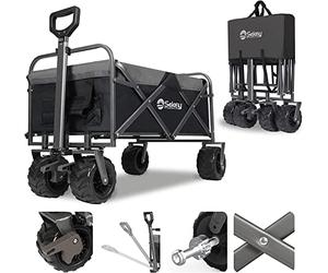 Sekey Folding Festival Trolley with Wide All-Terrain Wheels, 440LB Large Load Capacity, Heavy-Duty Camping Wagon with Brake, Sturdy Beach Garden Cart, Adjustable Handles & Drink Holders, Black & Grey