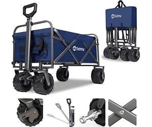 Sekey Folding Festival Trolley with Wide All-Terrain Wheels, 440LB Large Load Capacity, Heavy-Duty Camping Wagon with Brake, Sturdy Beach Garden Cart, Adjustable Handles & Drink Holders, Blue
