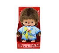 Sekiguchi 203840 Original Bebichhichi Boy, Plush Toy with Light Blue Romper, Approx. 14 cm Large Cuddly Toy Made of Brown Plush