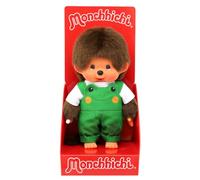 Sekiguchi 203871 Original Monchhichi Boy with Dungarees and Frog Motif, Approx. 20 cm Cuddly Toy Made of Brown Plush