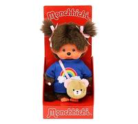 Sekiguchi 233724 Original Monchhichi Girls' Rainbow T-Shirt with Bag and Bows, Approx. 20 cm Cuddly Toy Made of Brown Plush, Messenger Bag