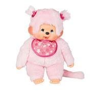Sekiguchi 242405 Original Monchhichi Girls' Cherry Blossom Plush Toy with Bib and Braids with Flowers, Approx. 45 cm Large Cuddly Toy Made of Pink Plush