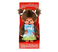 Sekiguchi 243891 Original Monchhichi Girl, Plush Toy with Stork Dress and Braids with Bows, Approx. 20 cm Large Cuddly Toy Made of Brown Plush, Brown