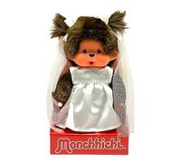 Sekiguchi 244058 Original Monchhichi Girl's Plush Toy with Wedding Dress and Bows, Approx. 20 cm Cuddly Toy Made of Brown Plush