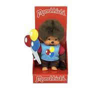 Sekiguchi 205233 Original Monchhichi Boy with Red/Blue T-Shirt and Colourful Balloons, Approx. 20 cm Cuddly Toy Made of Brown Plush