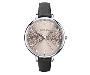 Sekonda Editions 37mm Ladies Silver Case Watch Grey Lace Patterned Dial Three Hand Analogue Quartz with PU strap