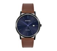 Sekonda Mens 40mm Quartz Watch with Ionic Plated Black Case, Blue Dial and Brown Leather Strap 1775