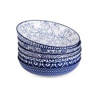 Selamica 740 ml Pasta Plate, Porcelain Salad Bowl, Set of 6, Deep Soup Bowls, Deep Plates for Spaghetti, Pasta, Soup, Microwave and Dishwasher Safe, Stackable, Vintage Blue