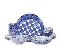 Selamica Ceramic 16-Piece Dinnerware Set, Vintage Blue Dishes Set for 4, Dinner Plates and Bowls Set, Salad and Dessert Plates, Soup and Pasta Bowls