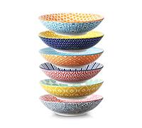 Selamica Ceramic 30oz Large Pasta Salad Bowls 8 Inch Wide and Shallow Soup Bowls, Stackable, Microwave and Oven Safe, Set Of 6, Assorted Colors