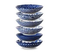 Selamica Ceramic 30oz Large Pasta Salad Bowls 8 Inch Wide and Shallow Soup Bowls, Stackable, Microwave and Oven Safe, Set Of 6, Vintage Blue