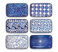 Selamica Ceramic 8 inch Rectangular Salad Plates, Dinner Plates, Pasta Dessert Plates for Appetizer, Sushi, Fruit - Microwave/oven/Dishwasher Safe, Set of 6, Vintage Blue
