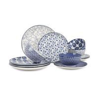 Selamica Ceramic Dinnerware Set, 12 Piece Plates and Bowls Set, Scratch Resistant Dish Set for 4, Dishwasher and Microwave Safe, Vintage Blue