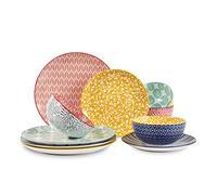 Selamica Ceramic Dinnerware Sets, 12-Pieces Plates and Bowls Sets, Scratch Resistant Dishes set for 4, Dishwasher & Microwave Safe, Assorted Colors