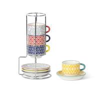 Selamica Ceramic Espresso Cups with Saucers and Metal Stand, 2.5 OZ Stackable Demitasse Cups for Espresso Latte Café Mocha Tea, Set of 4, Assorted Colors