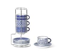 Selamica Ceramic Espresso Cups with Saucers and Metal Stand, 2.5 OZ Stackable Demitasse Cups for Espresso Latte Café Mocha Tea, Set of 4, Vintage Blue