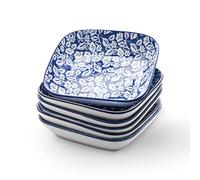 Selamica Porcelain 8-inch Square Dinner Plates, Salad Pasta Bowls, Set of 6, Vintage Blue