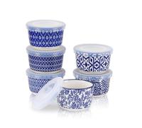 Selamica Ramekins with Lids 4 oz Oven Safe, Creme Brulee Ramekins Souffle Dishes with Covers, Stackable Ceramic Mini Ramekin Bowls Set for Dipping, Custard, Pudding, Baking, Set of 6, Vintage Blue