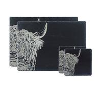Selbrae House Slate Coaster & Place Mat Set - Highland Cow, Black
